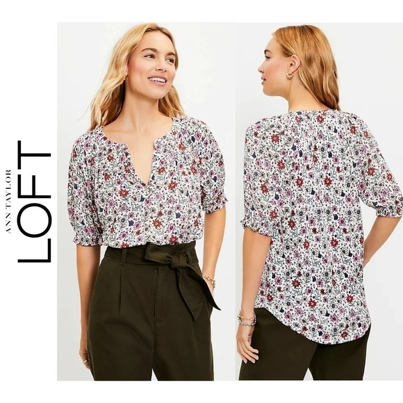 ✨️4/$20. LOFT Floral Blouse with Puff Sleeves, Colorful Lightweight, SP - Picture 1 of 10
